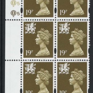 #733 GB Machin Cyl blocks Wales 19p olive-green cyl Q5Q5 yellow fluor ellipse type