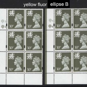 #739 GB Machin Cyl blocks Wales 30p grey-green cyl Q3Q3 yellow fluor ellipse type