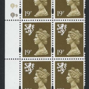 #718 GB Machin Cyl blocks Scotland 19p olive-green cyl Q9Q9 yellow fluor ellipse