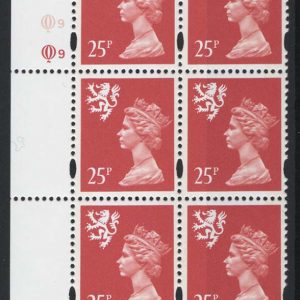 #722 GB Machin Cyl blocks Scotland 25p salmon-pink cyl Q9Q9 blue fluor ellipse type