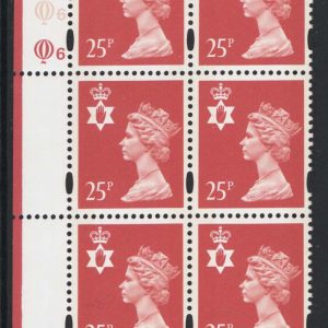 #715 GB Machin Cyl blocks Northern Ireland 25p salmon-pink cyl Q6Q6 yellow fluor