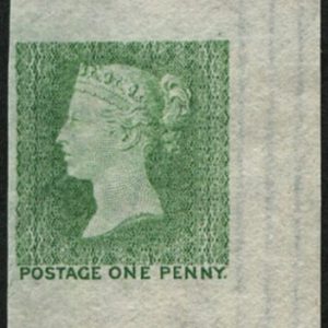 #158 GB 1840 REJECTED DIE PROOF 1d in YELLOW-GREEN on thin paper, wmk large broad