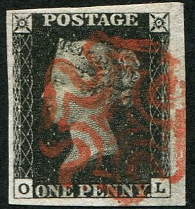 #165 GB 1840 1d black plate 6 OL SUPERB USED, part R/H sheet marginal, neat red MX