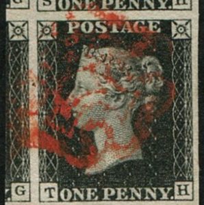 #166 GB 1840 1d black plate 7 TH four fine-gigantic margins sg2, Bright red MX