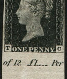 #665 GB Officials 1840 VR 1d black TC IMPRIMATUR, MARGINAL, inscription 2nd reg sheet