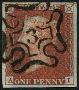 #208 GB 1841 1d red plate 32 AI #3 in MX, superb upright strike, fine four margins