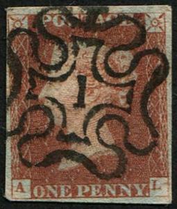 #209 GB 1841 1d red plate 34 AL #1 in MX, superb upright central strike, fine four mgns