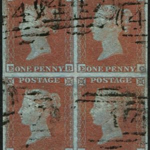 #206 GB 1841 1d red plate 136 EB-FC sg8a, ON VERY BLUED PAPER BLOCK OF FOUR vfu
