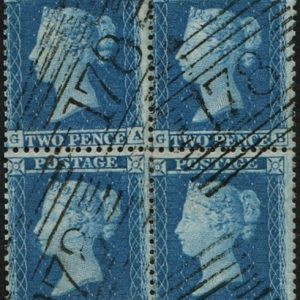 #243 GB 1854 2d blue sg23a plate 5 GA-HB BLOCK OF FOUR vfu, Scots 178 numerals