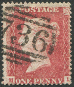 #255 GB 1854 1d red sg36 RARE plate 45 ML vfu, neat 736 Stockton numeral Spec C11