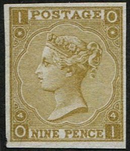 #300 GB 1865 9d sg98 IMPERF PLATE PROOF IN ISSUED COLOUR no wmk