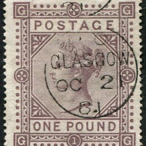 #314 GB 1867 £1 BROWN sg129 vfu, well centred, crisp upright light Glasgow 1881 cds