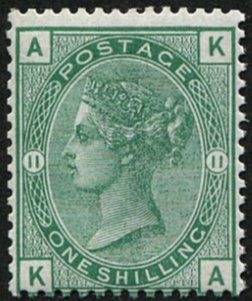 #329 GB 1873 1s sg148, plate 11 deep green um, brilliant Post-Office fresh