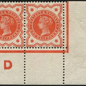 #365 GB 1887 ½d sg197 CONTROL D(P), CORNER PAIR um MARGINAL SETTING 3