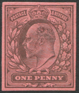 #381 GB 1902 1d sg219 IMPERF COLOUR TRIAL WMK CROWN IN PURPLE on RED vf mint
