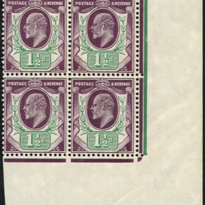 #383 GB 1902 1½d sg224 SLATE-PURPLE (C) BLOCK OF FOUR MINT, CORNER MARGINAL
