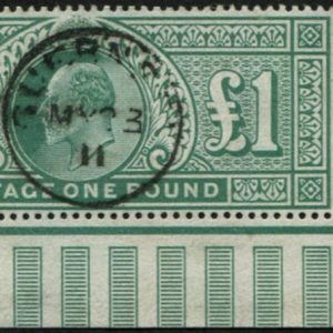 #392 GB 1902 £1 GREEN sg266 vfu, CORNER MARGINAL upright central Guernsey1911 cds