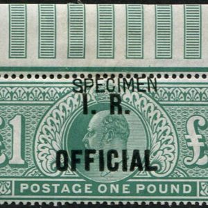 #681 GB Officials 1902 IR, £1 GREEN sgO27s OVPT Specimen TYPE 16, TOP SHEET Maringal vfm