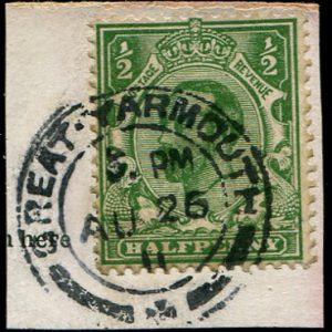 #425 GB 1911 ½d sg323a ERROR PERF 14 & BLUISH-GREEN vfu on piece