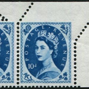#552 GB 1958 10d sg583 DRAMATIC misperf VARIETY caused by diagonal paper fold