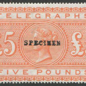 #337 GB 1877 TELEGRAPHS £5 sgT18s DEEP SHADE OVPT Specimen TYPE 9, vf mint