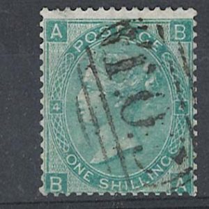 #238 GB 1865 1s green plate 4 wmk emblems sg101 fu, unusual T.O.3 numeral c£120