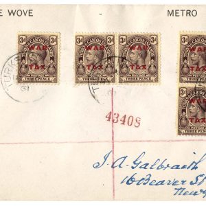 #741 Turks & Caicos 1919 3d War Tax sg144 blk of 4 + pair + single vfu on reg cover to New York