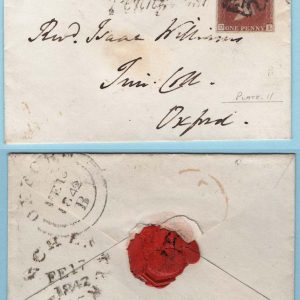 #065 GB 1841 1d red from black plate 11 OL vgu on cover with Hursley Penny Post alongside, 3 good margins, 4th close c£350 sg7