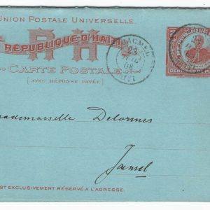 #611 Haiti 1908 2c red/pale blue reply card fu local usage, reply half still attached