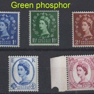 #506 GB 1960 Green phosphor set of 9 um ½d - 1/3d, includes the difficult 2d one band sg613