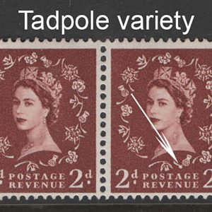 #489 GB 1955 Edward wmk 2d light r17/6 Tadpole variety um pair Spec S38f c£35 sg543b