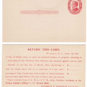 #744 USA 1911 1c McKinley red/cream postal card UX24 fine unused, Rhodes Island Fire District printed notice on back