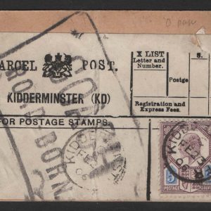 #367 GB 1902 5d slate-purple & ultramarine sg243 fu on Kidderminster parcel post label