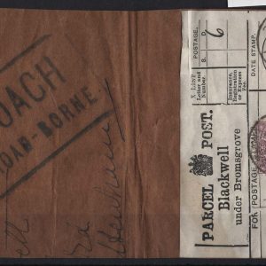 #389 GB 1911 Somerset House 6d sg297 fu on Blackwell under Bromsgrove Parcel Post label on piece with black Coach Road Borne cancel