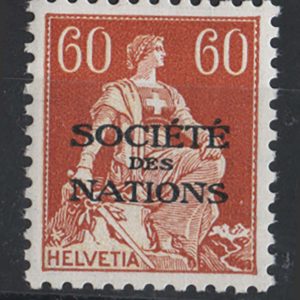 #725 Switzerland 1944 League Of Nations 60c orange-brown overprint centralised, grilled gum paper, sgLN21a, um