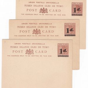 #742 Turks Is 1892 1d on 1½d postal stationery card, HG#4, 3 fine unused examples showing ovpt displacements