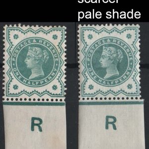 #358 GB 1900 ½d blue-green control R single f mint sg213, another in pale dull blue-green (heavyish mount)