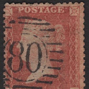 #189 GB 1854 1d red Large crown perf 14 cream tinted paper plate 47 RF,  sg38 Spec C9, odd short perfs otherwise fu c£125