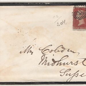#179 GB 1854 1d red small crown perf 14 sg22 plate 204 MF on 1855 mourning cover, stamp with fault Spec C2 c£350++