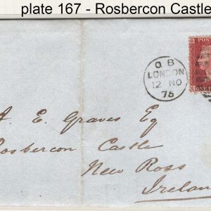#211 GB 1858 1d red plate 167 fu on EL London to Rosbercon Castle, New Ross, Ireland sg43