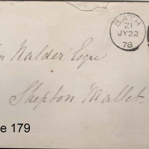 #213 GB 1858 1d red plate 179 fu on cover to Marlborough, Bath duplex sg43