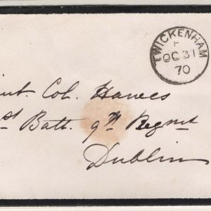 #206 GB 1858 1d red plate 130 fu on 1870 cover to Dublin, Twickenham C92 duplex sg43