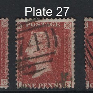 #185 GB 1854 1d red LC14 plate 27 3 fu copies, GC, IF & ?R sg29 C8 fu, large crown perf 14 blued paper c£66