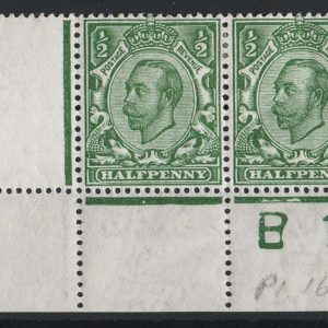 #406 GB 1911 ½d die 2 wmk cypher sg344 mint B12(c) plate 16b corner pair, perf type 2A, heavyish mount, some separation between stamp & left margin, variety damaged B in B12