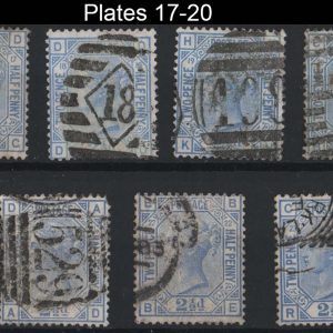 #282 GB 1873 2½d blue plates 17-20 sg142 and 1880 plates 21-23 vgu sg157 c3174