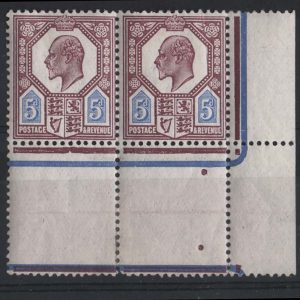 #386 GB 1911 5d dull reddish-purple & blue f mint date cut corner pair (gum crease on 20/12, plate H4b sg293, upper pair, left pane