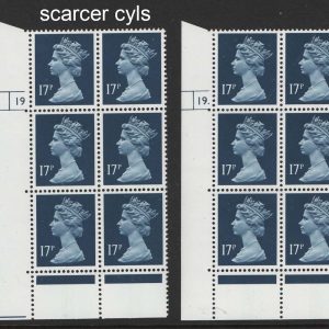 #597 GB Machin Cyl blocks  Machin 17p dark blue CB FCP/PVAD cyl 19 and 19 dot, MCC £32.50
