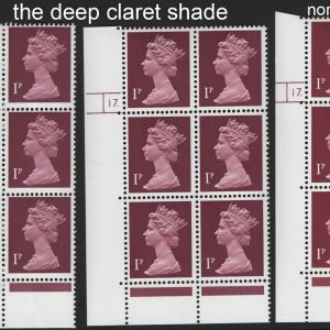 #599 GB Machin Cyl blocks  Machin 1p ACP/PVAD the scarce deep claret shade cyl 17 and 17 dot + normal for comparison