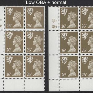 #606 GB Machin Cyl blocks  Scotland 26p drab cyl Q1Q1, ditto low OBA (unlisted)