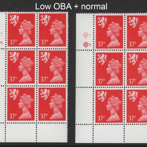 #607 GB Machin Cyl blocks  Scotland 37p red cyl Q1Q1, ditto low OBA (unlisted)